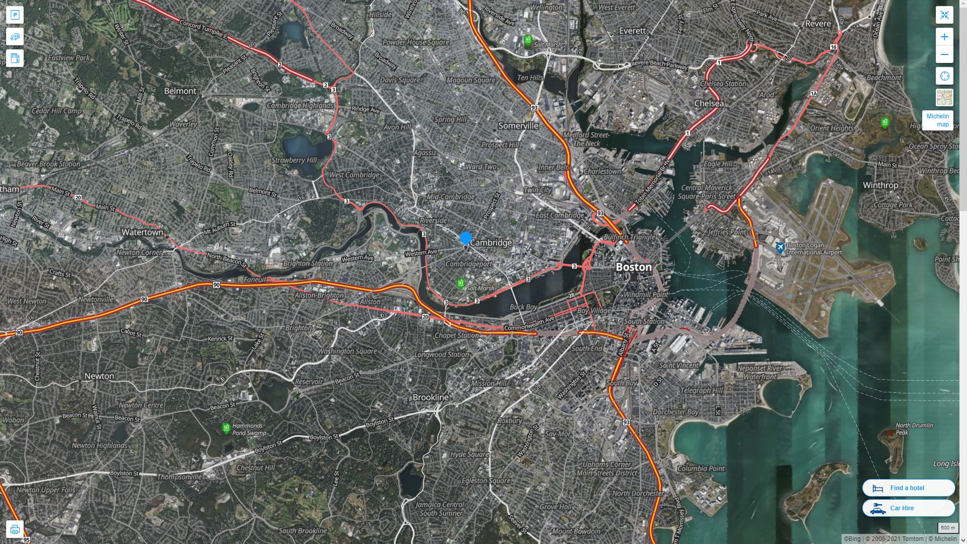 Cambridge Massachusetts Highway and Road Map with Satellite View